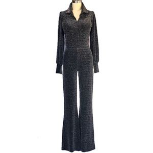 Metallic Silver Lurex Gleaming black Evening Custom Design Jumpsuit wide leg XS
